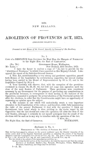 ABOLITION OF PROVINCES ACT, 1875. (DESPATCHES RELATIVE TO.)
