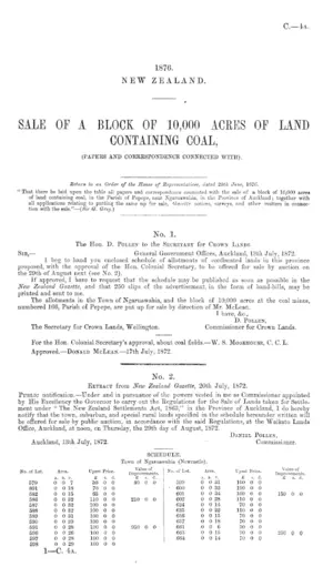 SALE OF A BLOCK OF 10,000 ACRES OF LAND CONTAINING COAL, (PAPERS AND CORRESPONDENCE CONNECTED WITH).