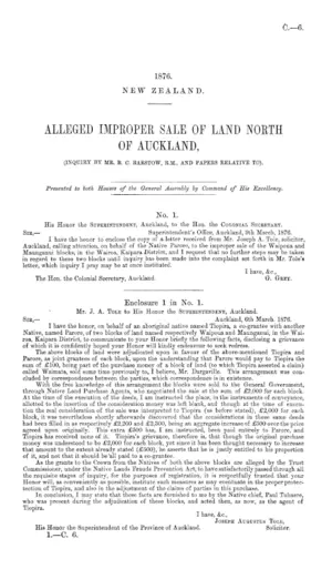 ALLEGED IMPROPER SALE OF LAND NORTH OF AUCKLAND, (INQUIRY BY MR. R. C. BARSTOW, R.M., AND PAPERS RELATIvE TO).