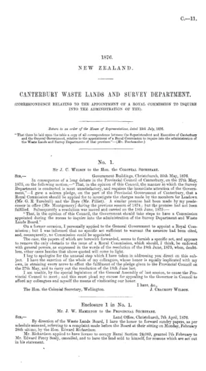 CANTERBURY WASTE LANDS AND SURVEY DEPARTMENT. (CORRESPONDENCE RELATING TO THE APPOINTMENT OF A ROYAL COMMISSION TO INQUIRE INTO THE ADMINISTRATION OF THE).