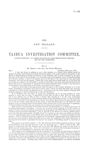 TAIRUA INVESTIGATION COMMITTEE. (LETTER FROM MR. J. W. PREECE RELATIVE TO LAND TRANSACTIONS INQUIRED INTO BY THE COMMITTEE.)