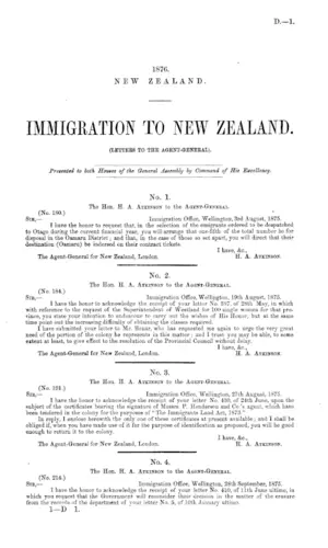 IMMIGRATION TO NEW ZEALAND. (LETTERS TO THE AGENT-GENERAL).