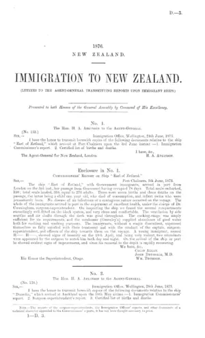 IMMIGRATION TO NEW ZEALAND. (LETTERS TO THE AGENT-GENERAL TRANSMITTING REPORTS UPON IMMIGRANT SHIPS.)