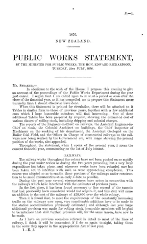 PUBLIC WORKS STATEMENT, BY THE MINISTER FOR PUBLIC WORKS, THE HON. EDWARD RICHARDSON, TUESDAY, 25TH JULY, 1876.
