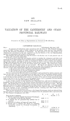 VALUATION OF THE CANTERBURY AND OTAGO PROVINCIAL RAILWAYS (REPORT OF THE).