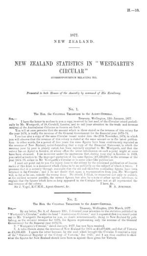 NEW ZEALAND STATISTICS IN "WESTGARTH'S CIRCULAR" (CORRESPONDENCE RELATING TO).