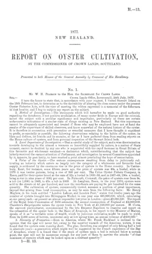 REPORT ON OYSTER CULTIVATION, BY THE COMMISSIONER OF CROWN LANDS, SOUTHLAND.