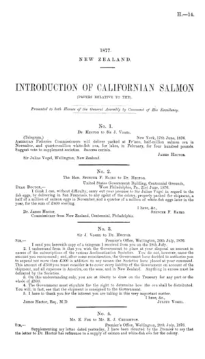 INTRODUCTION OF CALIFORNIAN SALMON (PAPERS RELATIVE TO THE).