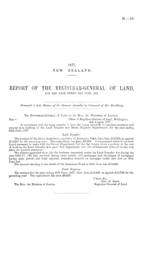 REPORT OF THE REGISTRAR-GENERAL OF LAND, FOR THE YEAR ENDED 30TH JUNE, 1877.