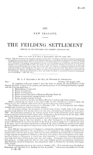 THE FIELDING SETTLEMENT (REPORT ON THE PROGRESS AND PRESENT CONDITION OF).