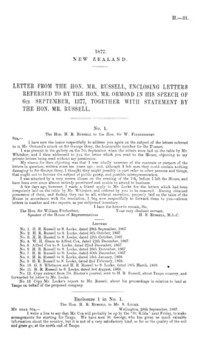 LETTER FROM THE HON. MR. RUSSELL, ENCLOSING LETTERS REFERRED TO BY THE HON. MR. ORMOND IN HIS SPEECH OF 6TH SEPTEMBER, 1877, TOGETHER WITH STATEMENT BY THE HON. MR. RUSSELL.