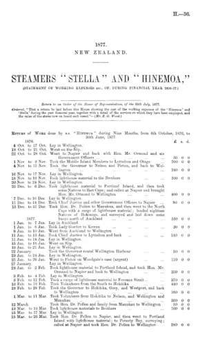 STEAMERS "STELLA" AND "HINEMOA," (STATEMENT OF WORKING EXPENSES ETC., OF, DURING FINANCIAL YEAR 1876-77.)