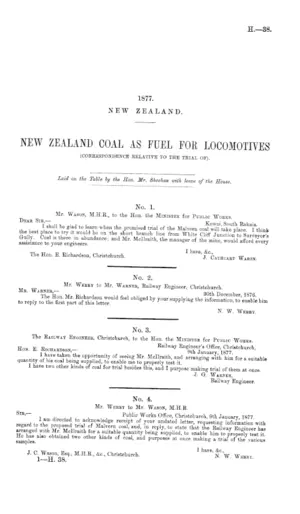 NEW ZEALAND COAL AS FUEL FOR LOCOMOTIVES (CORRESPONDENCE RELATIVE TO THE TRIAL OF).