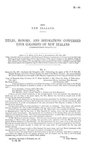 TITLES, HONORS, AND DECORATIONS CONFERRED UPON COLONISTS OF NEW ZEALAND (CORRESPONDENCE RELATIVE TO).
