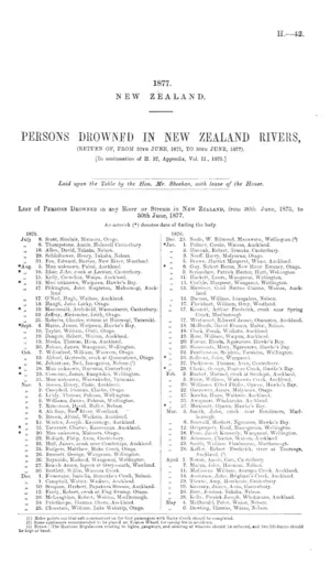 PERSONS DROWNED IN NEW ZEALAND RIVERS, (RETURN OF, FROM 30TH JUNE, 1875, TO 30TH JUNE, 1877). [In continuation of H. 37, Appendix, Vol. II., 1875.]