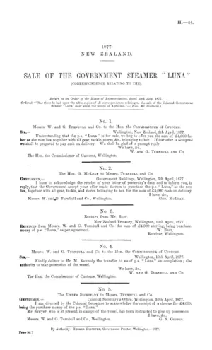 SALE OF THE GOVERNMENT STEAMER "LUNA" (CORRESPONDENCE RELATING TO THE).