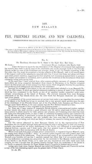 FIJI, FRIENDLY ISLANDS, AND NEW CALEDONIA (CORRESPONDENCE RELATIVE TO THE ANNEXATION OR ABANDONMENT OF).