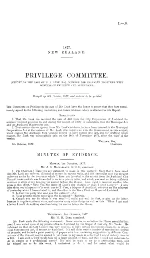 PRIVILEGE COMMITTEE. (REPORT ON THE CASE OF H.H. LUSK, ESQ., MEMBER FOR FRANKLIN, TOGETHER WITH MINUTES OF EVIDENCE AND APPENDICES.)