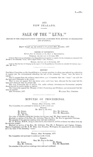 SALE OF THE "LUNA." (REPORT OF THE DISQUALIFICATION COMMITTEE, TOGETHER WITH MINUTES OF PROCEEDINGS AND EVIDENCE.)