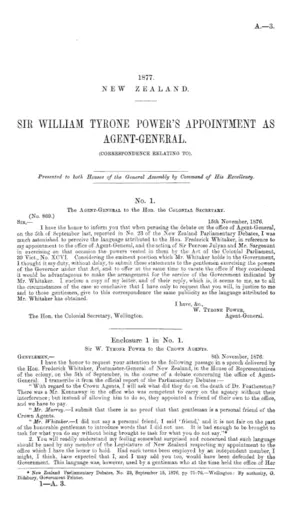SIR WILLIAM TYRONE POWER'S APPOINTMENT AS AGENT-GENERAL. (CORRESPONDENCE RELATING TO).