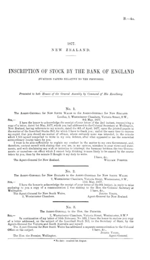 INSCRIPTION OF STOCK BY THE BANK OF ENGLAND (FURTHER PAPERS RELATIVE TO THE PROPOSED).