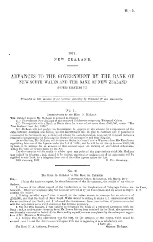 ADVANCES TO THE GOVERNMENT BY THE BANK OF NEW SOUTH WALES AND THE BANK OF NEW ZEALAND (PAPERS RELATING TO).