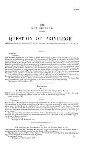 QUESTION OF PRIVILEGE (MESSAGE FROM HIS EXCELLENCY THE GOVERNOR ENCLOSING MEMORANDA RELATING TO A).