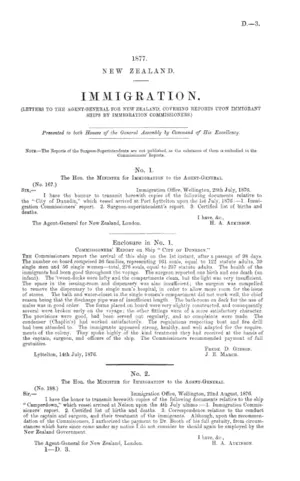 IMMIGRATION. (LETTERS TO THE AGENT-GENERAL FOR NEW ZEALAND, COVERING REPORTS UPON IMMIGRANT SHIPS BY IMMIGRATION COMMISSIONERS.)
