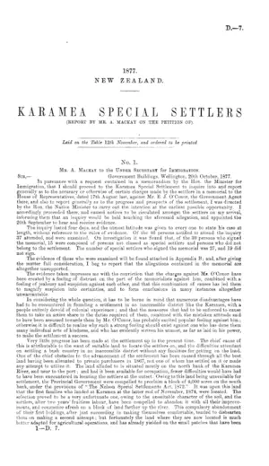 KARAMEA SPECIAL SETTLERS (REPORT BY MR. A. MACKAY ON THE PETITION OF).