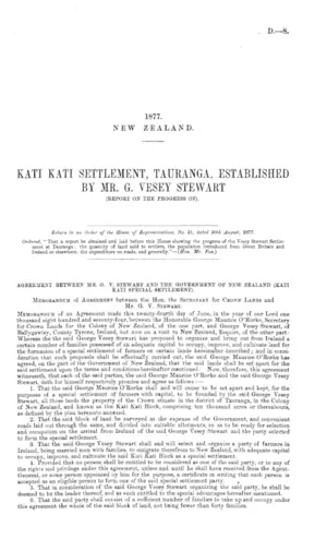 KATI KATI SETTLEMENT, TAURANGA, ESTABLISHED BY MR. G. VESEY STEWART (REPORT ON THE PROGRESS OF).