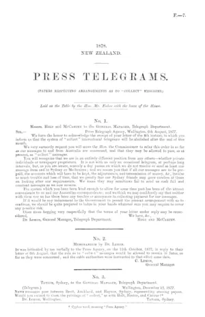 1878. NEW ZEALAND. PRESS TELEGRAMS. (PAPERS RESPECTING ARRANGEMENTS AS TO "COLLECT" MESSAGES.)