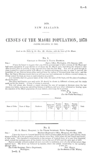 CENSUS OF THE MAORI POPULATION, 1878 (PAPERS RELATING TO THE).