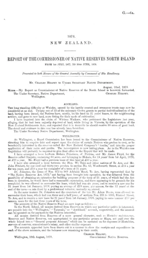 REPORT OF THE COMMISSIONER OF NATIVE RESERVES NORTH ISLAND FROM 1ST JULY, 1877, TO 30TH JUNE, 1878.