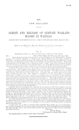 ARREST AND RELEASE OF CERTAIN WAIKATO MAORIS AT WAITARA (REPORT FROM SUB-INSPECTOR KENNY, ARMED CONSTABULARY FORCE, RELATIVE TO).