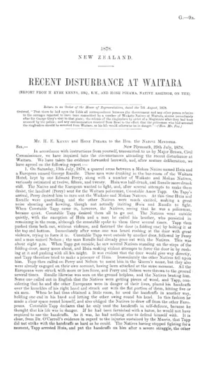 RECENT DISTURBANCE AT WAITARA (REPORT FROM H. EYRE KENNY, ESQ., R.M., AND HONE PIHAMA, NATIVE ASSESSOR, ON THE).