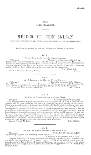 MURDER OF JOHN McLEAN (TELEGRAMS RELATIVE TO, AT SURVEY CAMP, MOMOHAKI, ON 19TH SEPTEMBER, 1878).
