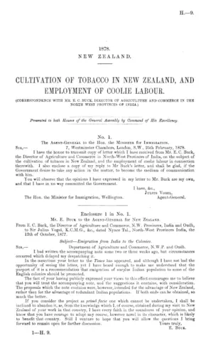 CULTIVATION OF TOBACCO IN NEW ZEALAND, AND EMPLOYMENT OF COOLIE LABOUR. (CORRESPONDENCE WITH MR. E.C. BUCK, DIRECTOR OF AGRICULTURE AND COMMERCE IN THE NORTH WEST PROVINCES OF INDIA.)