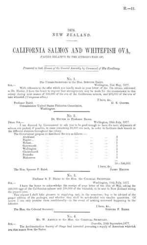 CALIFORNIA SALMON AND WHITEFISH OVA, (PAPERS RELATIVE TO THE INTRODUCTION OF)