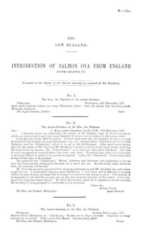 INTRODUCTION OF SALMON OVA FROM ENGLAND (PAPERS RELATIVE TO).