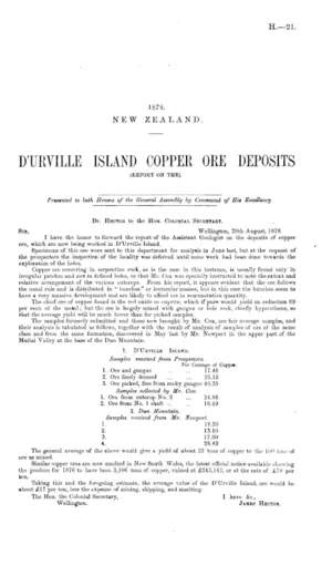 D'URVILLE ISLAND COPPER ORE DEPOSITS (REPORT ON THE).