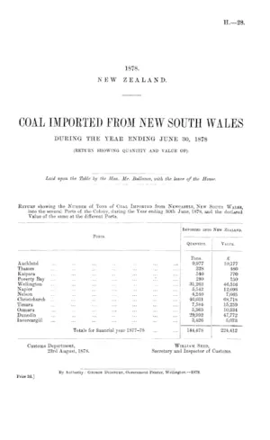 COAL IMPORTED FROM NEW SOUTH WALES DURING THE YEAR ENDING JUNE 30, 1878 (RETURN SHOWING QUANTITY AND VALUE OF).