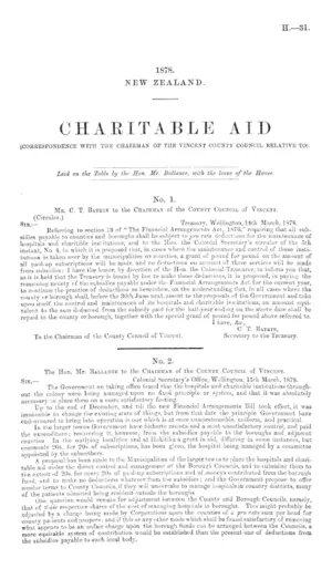CHARITABLE AID (CORRESPONDENCE WITH THE CHAIRMAN OF THE VINCENT COUNTY COUNCIL RELATIVE TO).