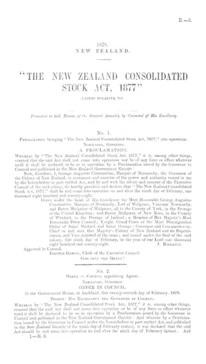 "THE NEW ZEALAND CONSOLIDATED STOCK ACT, 1877" (PAPERS RELATIVE TO).
