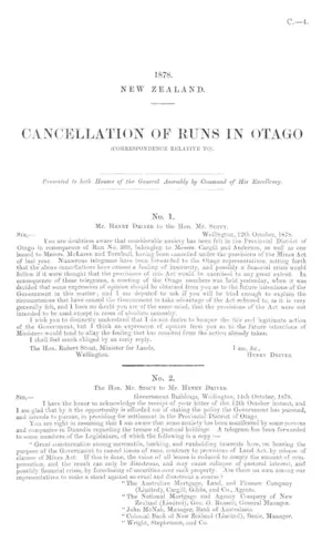 CANCELLATION OF RUNS IN OTAGO (CORRESPONDENCE RELATIVE TO).