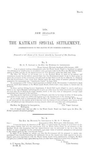THE KATIKATI SPECIAL SETTLEMENT (CORRESPONDENCE IN THE MATTER OF ITS FURTHER EXTENSION.)