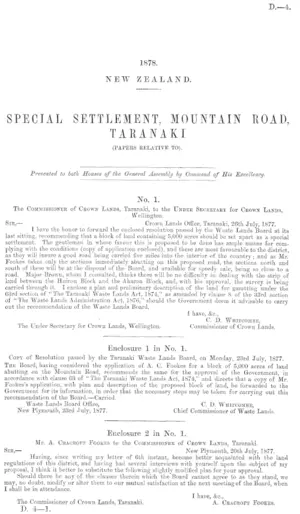 SPECIAL SETTLEMENT, MOUNTAIN ROAD, TARANAKI (PAPERS RELATIVE TO).