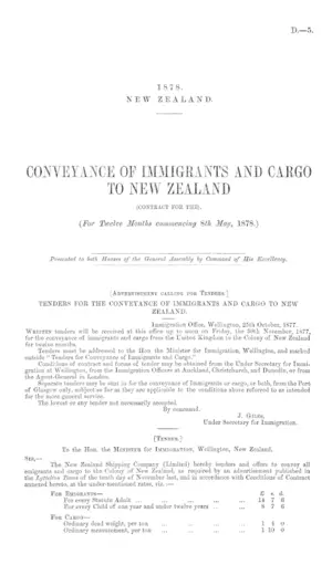 CONVEYANCE OF IMMIGRANTS AND CARGO TO NEW ZEALAND (CONTRACT FOR THE). (For Twelve Months commencing 8th May, 1878.)