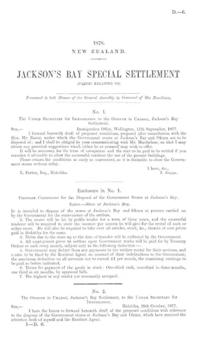 JACKSON'S BAY SPECIAL SETTLEMENT (PAPERS RELATING TO) Presented to both Houses of the General Assembly by Command of His Excellency.