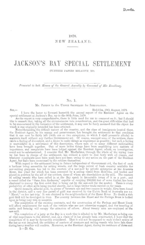 JACKSON'S BAY SPECIAL SETTLEMENT (FURTHER PAPERS RELATIVE TO).