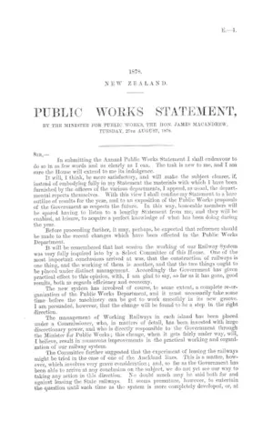 PUBLIC WORKS STATEMENT, BY THE MINISTER FOR PUBLIC WORKS, THE HON. JAMES MACANDREW, TUESDAY, 27TH AUGUST, 1878.